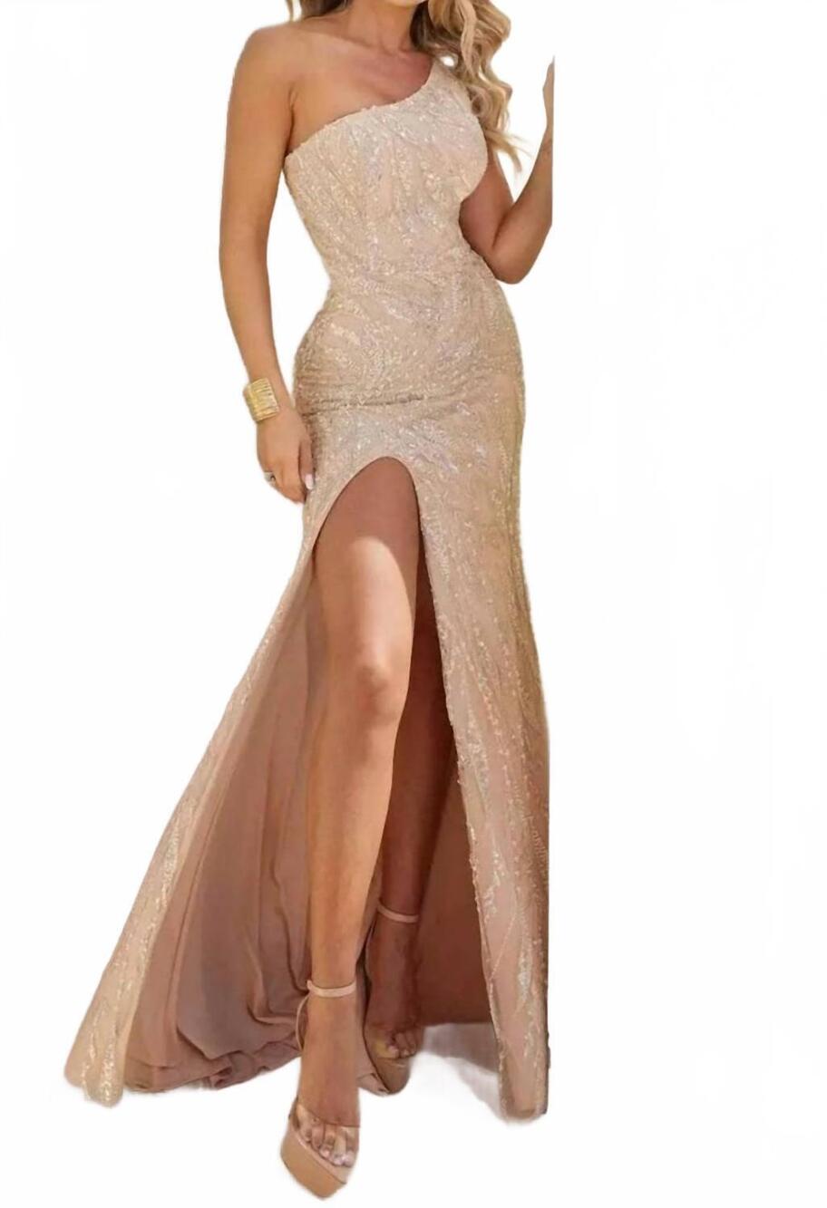 NEW TERANI COUTURE beaded one-shoulder evening dress in blush